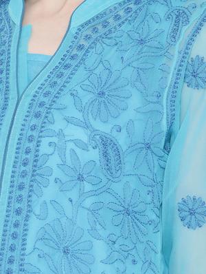 blue georgette straight kurta - 14450055 - Standard Image - 4