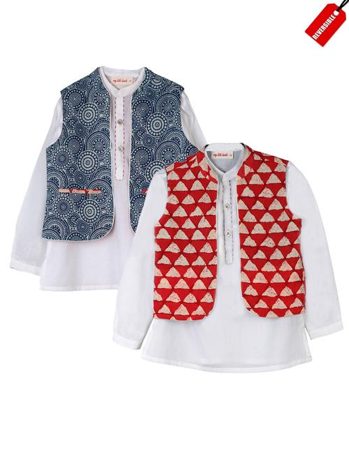 white cotton kurta with reversible jacket - 14450099 - Standard Image - 1