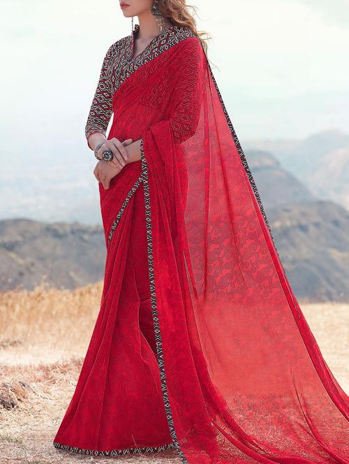 red georgette printed saree with blouse - 14451470 - Very Small Image - 1
