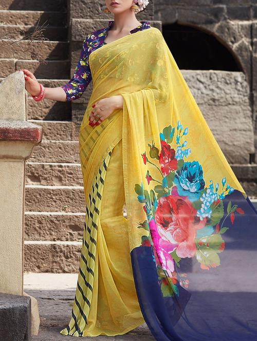 yellow georgette printed saree with blouse - 14451482 - Standard Image - 1