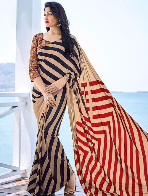 beige printed saree with blouse - 14451484 - Very Small Image - 1