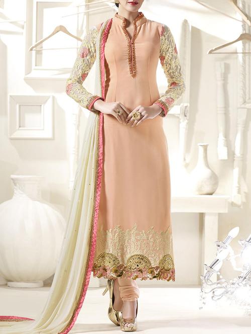 peach churidaar suit semi-stitched suit - 14455022 - Very Small Image - 1