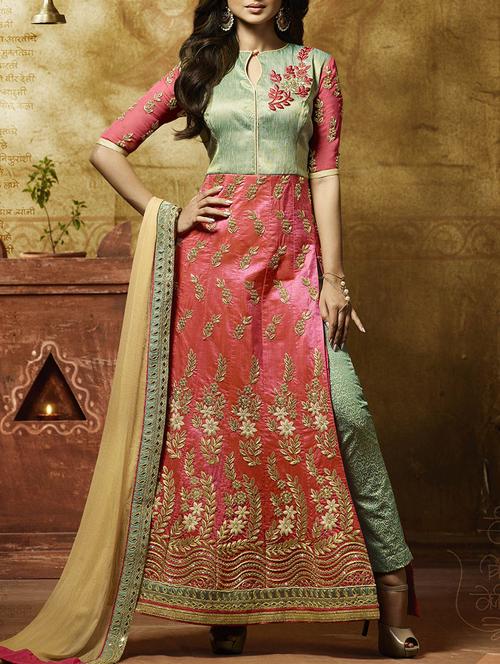 peach a-line suit semi-stitched suit - 14455273 - Very Small Image - 1