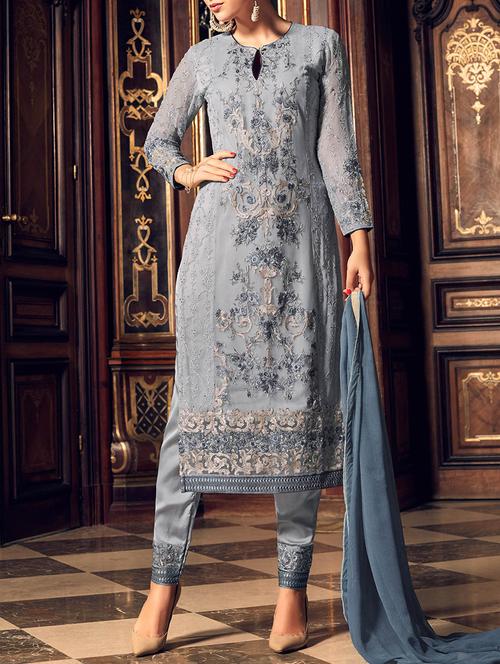 grey faux georgette salwar suit semistitched - 14455280 - Very Small Image - 1