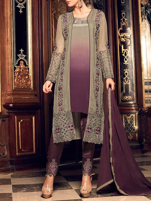grey faux georgette salwar suit semistitched - 14455281 - Very Small Image - 1