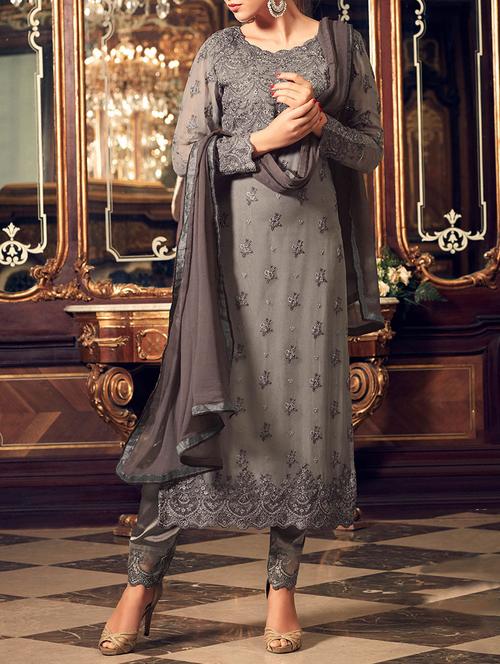 grey faux georgette salwar suit semistitched - 14455283 - Very Small Image - 1