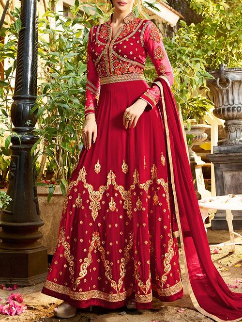 maroon anarkali suit semi-stitched suit - 14455320 - Very Small Image - 1