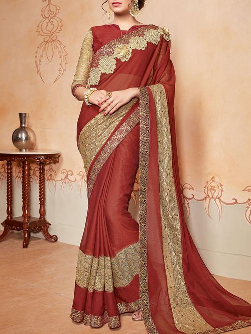 maroon chiffon embroidered saree with blouse - 14455333 - Very Small Image - 1