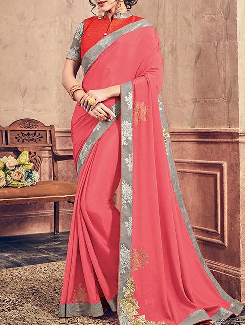 pink chiffon embroidered saree with blouse - 14455355 - Very Small Image - 1