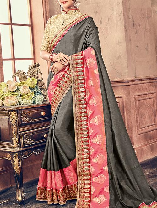 grey georgette embroidered saree with blouse - 14455361 - Very Small Image - 1