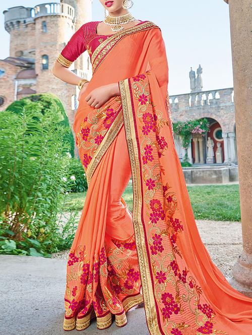 orange georgette embroidered saree with blouse - 14455394 - Very Small Image - 1