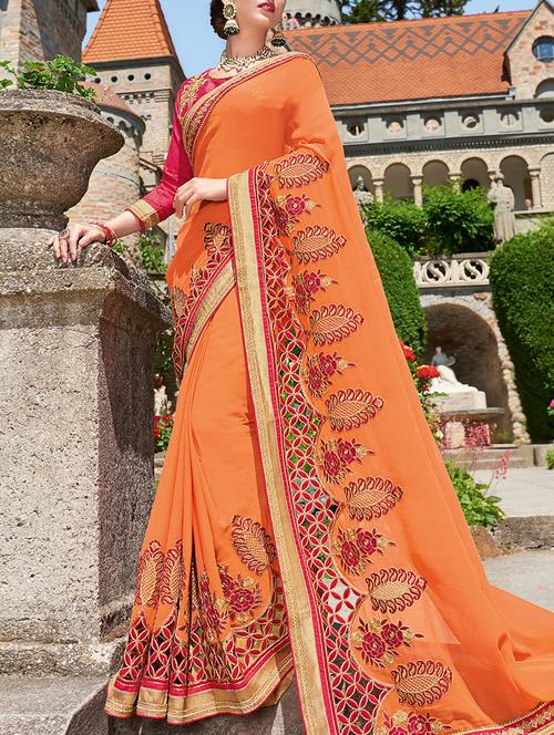 orange georgette embroidered saree with blouse - 14455401 - Very Small Image - 1