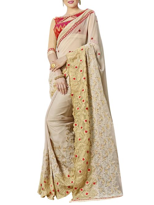 beige faux georgette embroidered saree with blouse - 14455601 - Very Small Image - 1