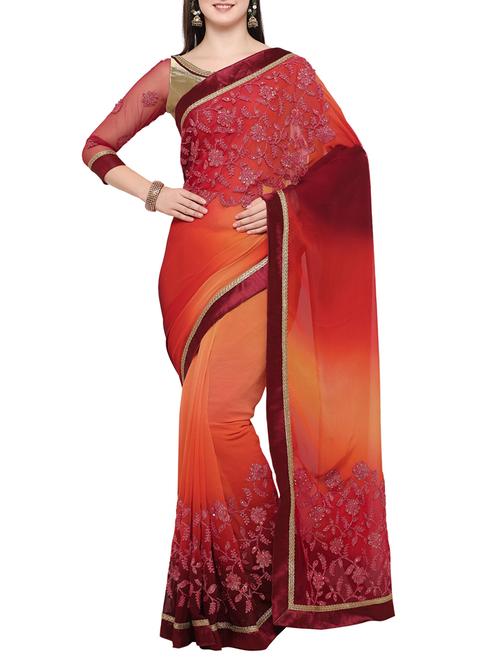 maroon faux georgette embroidered saree with blouse - 14455611 - Very Small Image - 1