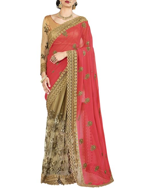 beige half and half saree with blouse - 14455624 - Very Small Image - 1