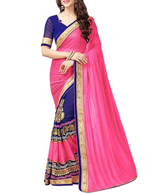 pink lycra embroidered saree with blouse - 14456395 - Very Small Image - 1
