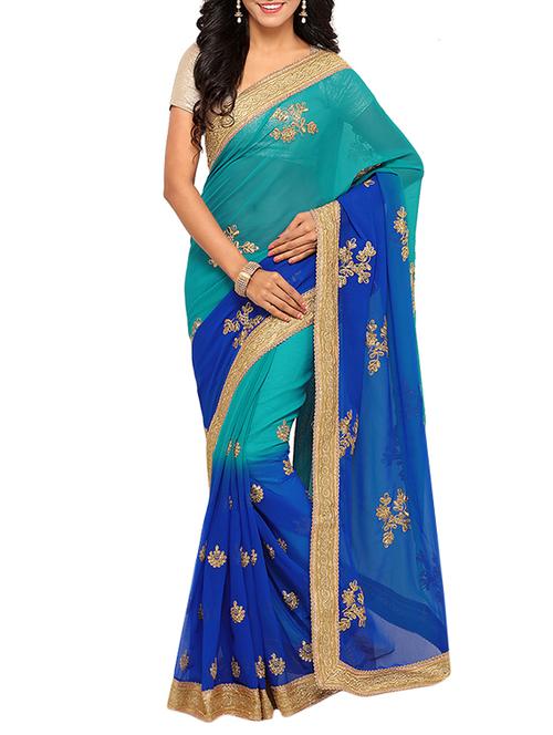 blue georgette embroidered saree with blouse - 14456399 - Very Small Image - 1