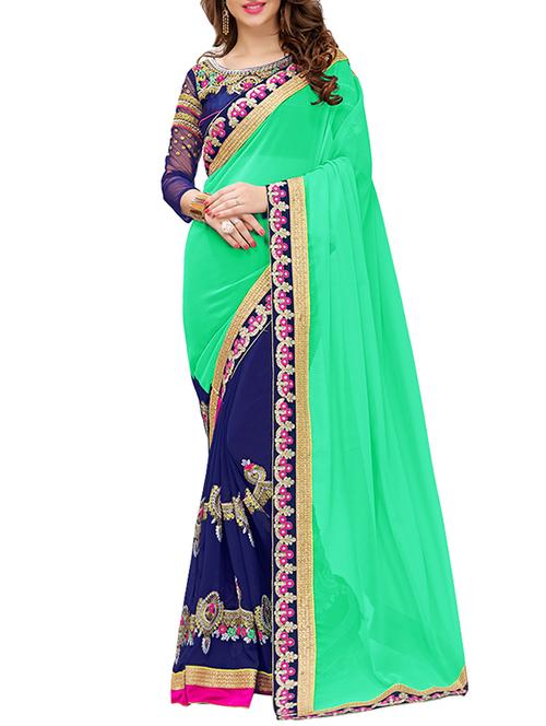 green georgette embroidered saree with blouse - 14456488 - Very Small Image - 1