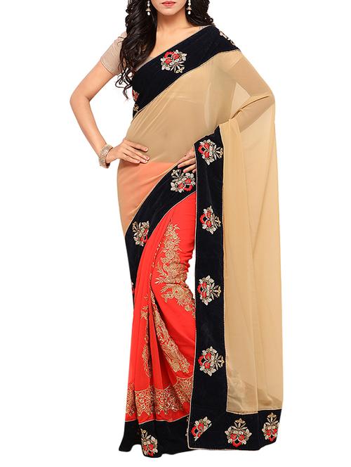 beige georgette embroidered saree with blouse - 14456489 - Very Small Image - 1