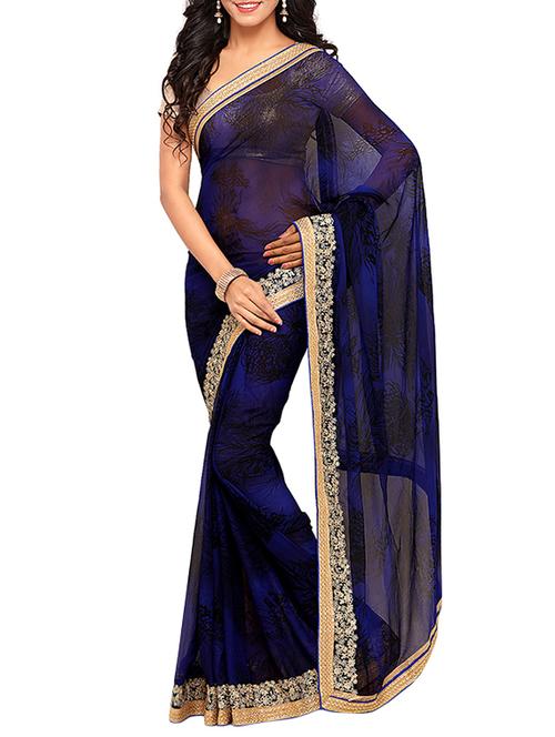 blue georgette printed saree with blouse - 14456516 - Very Small Image - 1