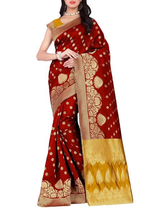maroon cotton silk banarasi saree with blouse - 14456601 - Very Small Image - 1