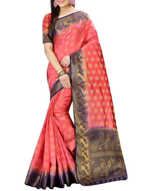 peach nylon woven saree with blouse - 14456626 - Very Small Image - 1