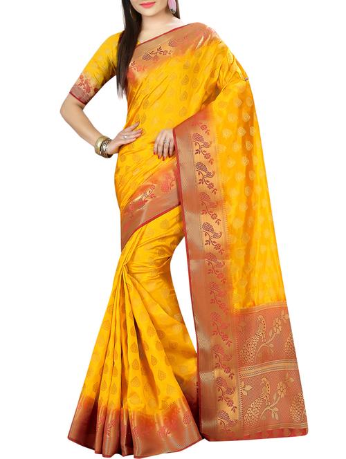 yellow nylon woven saree with blouse - 14456628 - Very Small Image - 1