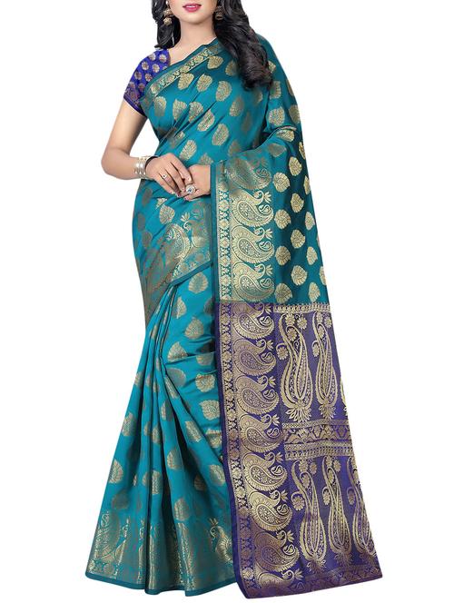 blue cotton silk banarasi saree with blouse - 14456637 - Very Small Image - 1