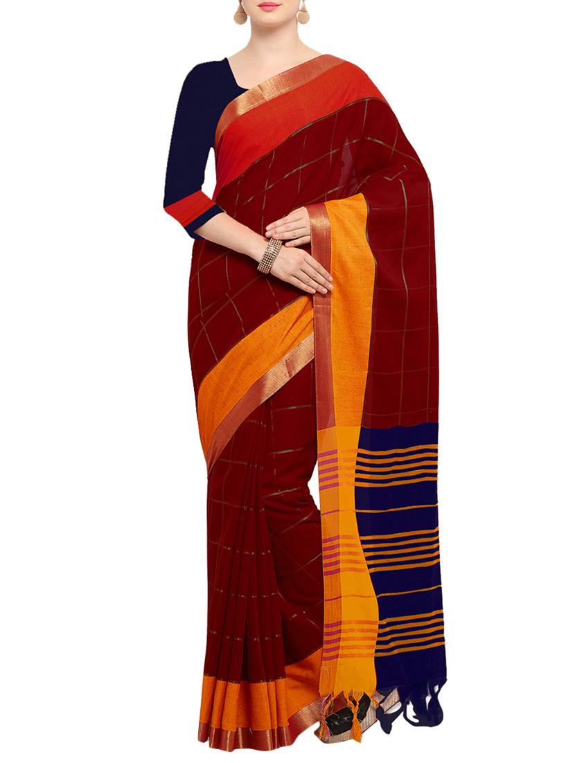 maroon silk blend handloom saree with blouse - 14456848 - Zoom Image - 1