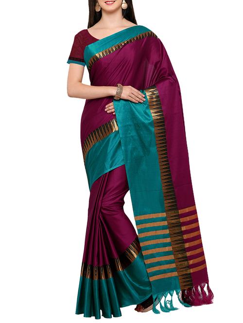 Purple Cotton Silk Bordered Saree with blouse - 14456853 - Very Small Image - 1