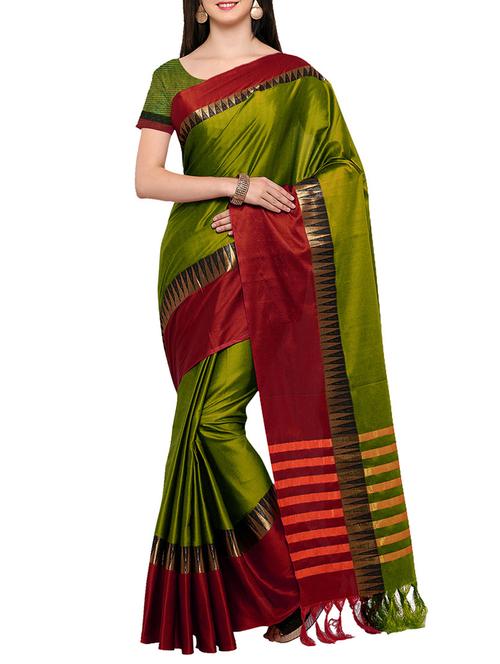 Green Cotton Silk Bordered Saree with blouse - 14456855 - Very Small Image - 1