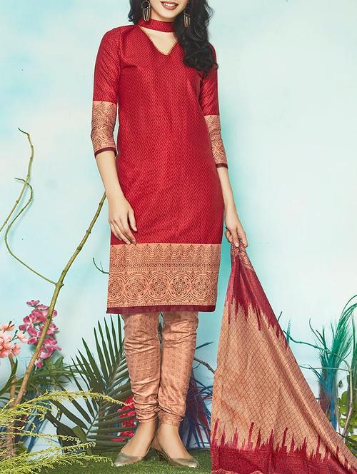 Red Cotton Unstitched Dress Material - 14456908 - Very Small Image - 1