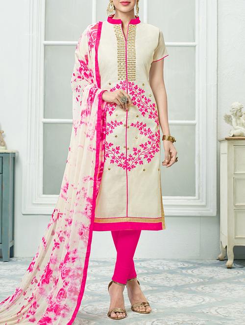 Off White Silk Blend Embroidered Unstitched Dress Material - 14456928 - Very Small Image - 1