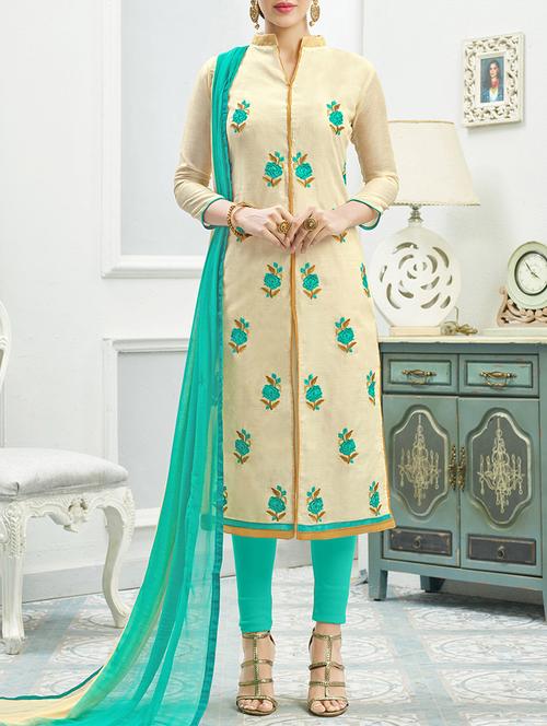 Beige Silk Blend Embroidered Unstitched Dress Material - 14456935 - Standard Image - 1
