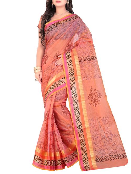 orange printed saree with blouse - 14457135 - Very Small Image - 1