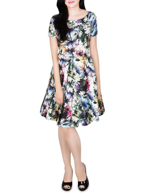 blue printed fit & flare dress - 14457220 - Standard Image - 1