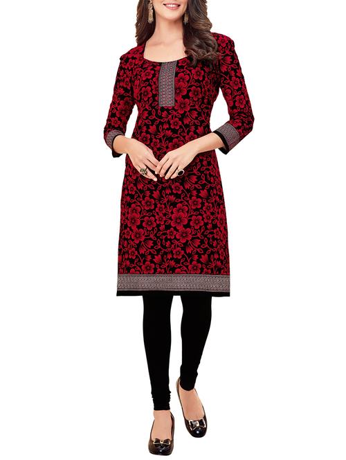 red cotton straight kurta (unstitched) - 14457577 - Very Small Image - 1