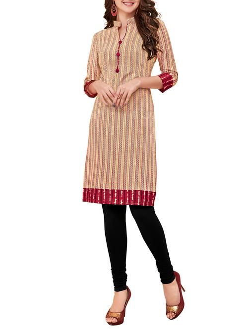 beige cotton straight kurta (unstitched) - 14457599 - Very Small Image - 1