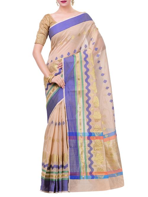 beige cotton blend woven saree with blouse - 14457660 - Very Small Image - 1