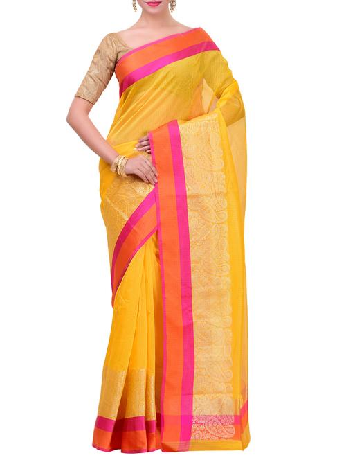 Yellow woven saree with blouse - 14457665 - Very Small Image - 1
