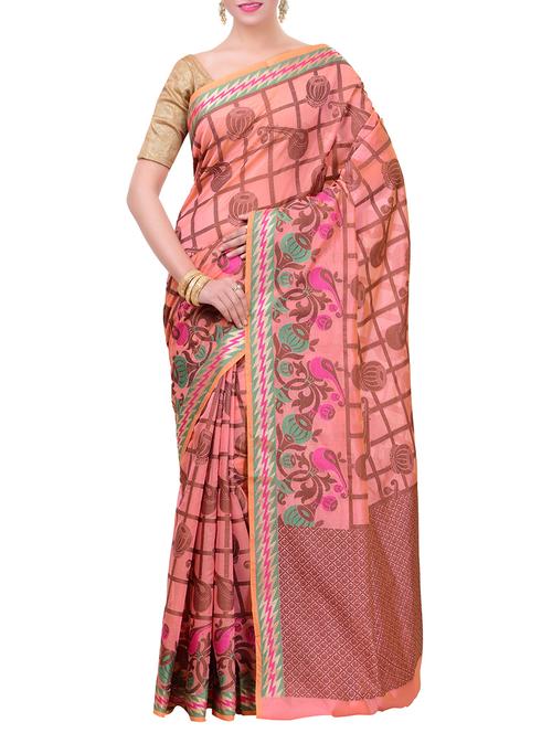peach cotton blend woven saree with blouse - 14457679 - Very Small Image - 1
