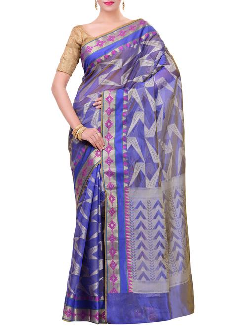 blue cotton blend woven saree with blouse - 14457680 - Very Small Image - 1