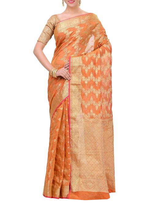 gold cotton blend woven saree with blouse - 14457683 - Very Small Image - 1