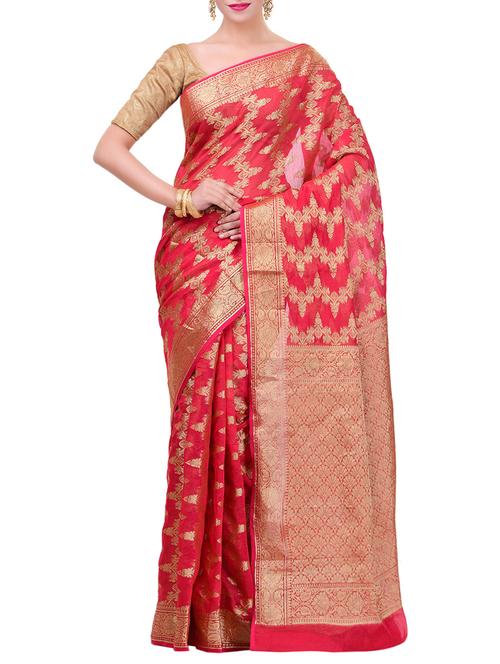 red cotton blend woven saree with blouse - 14457686 - Very Small Image - 1