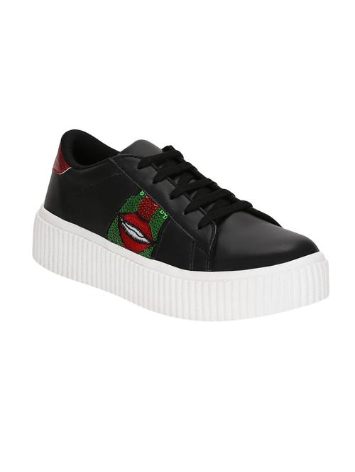 black faux leather laceup sneakers - 14457877 - Standard Image - 1