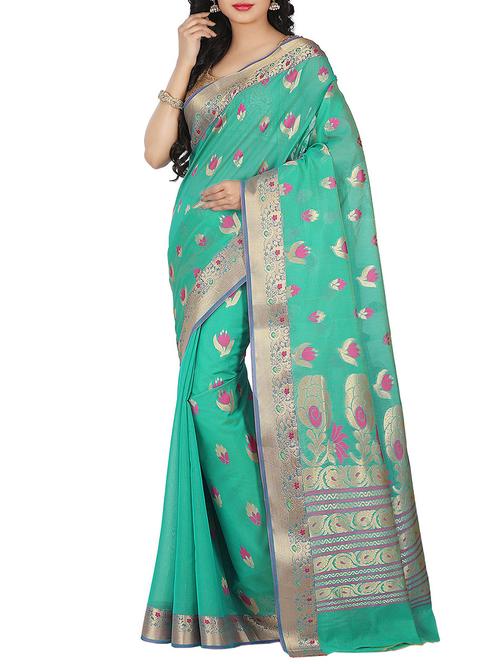 green cotton silk chettinad saree with blouse - 14457953 - Very Small Image - 1