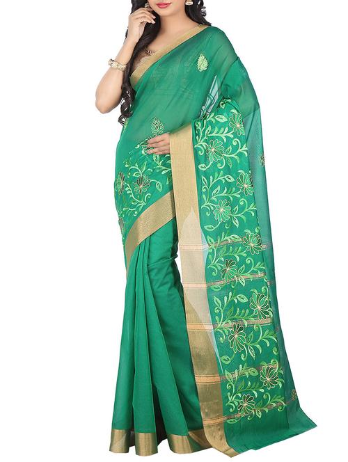 green kora silk chettinad saree with blouse - 14458049 - Very Small Image - 1