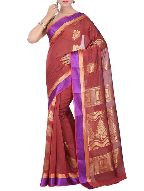 maroon kora silk chettinad saree with blouse - 14458051 - Very Small Image - 1