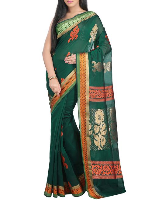 green kora silk chettinad saree with blouse - 14458075 - Very Small Image - 1