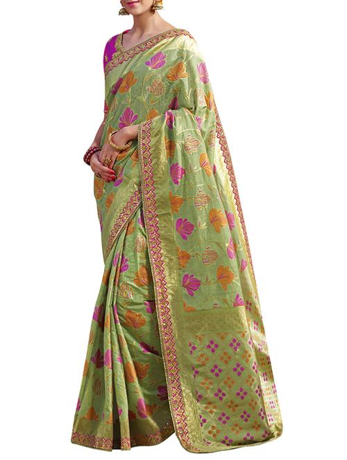 green woven saree with blouse - 14458220 - Very Small Image - 1